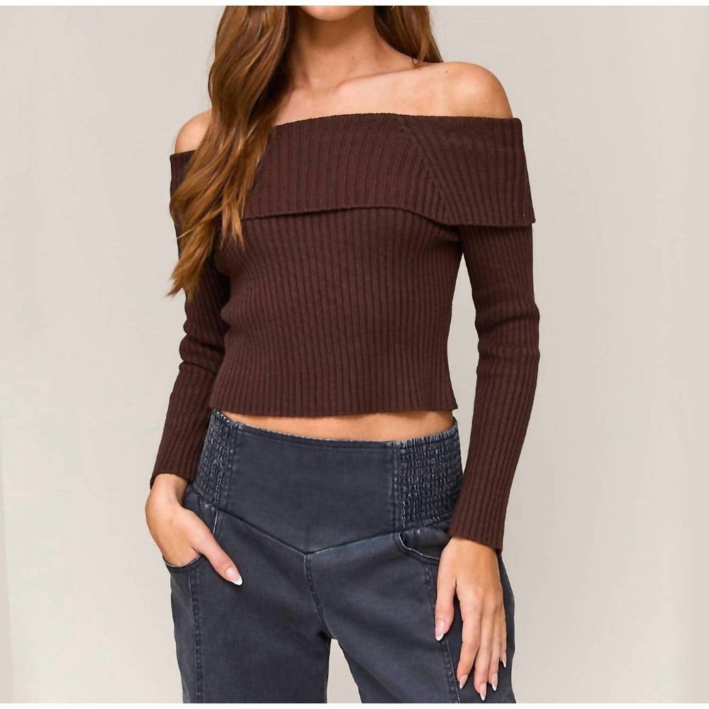 NEW LE LIS off shoulder tie back ribbed sweater in brown